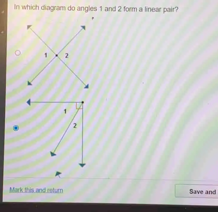 In which diagram do angles 1 and 2 form a linear pair? Mark this and retum Save and